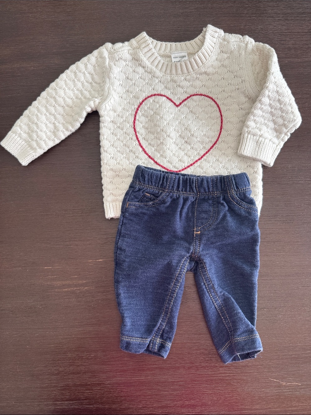 Carter's Cream Sweater with Pink Heart & Navy Jeggings
